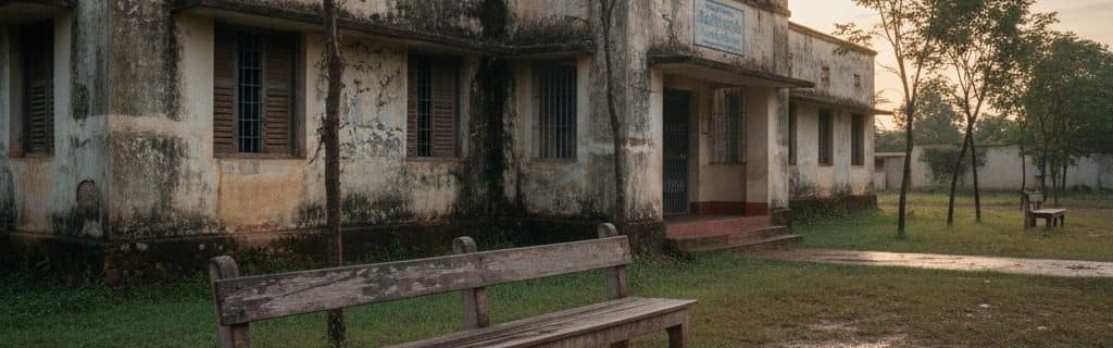 Weathered exterior of a rural Tamil Nadu primary health centre at first light, empty bench in foreground
