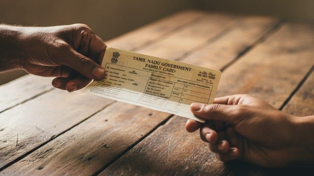Hands holding a paper Tamil Nadu family ration card on a wooden table
