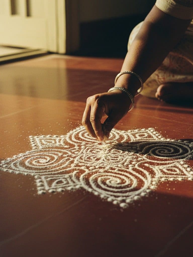 Hands drawing a rice-flour kolam pattern on a polished red-oxide floor at dawn